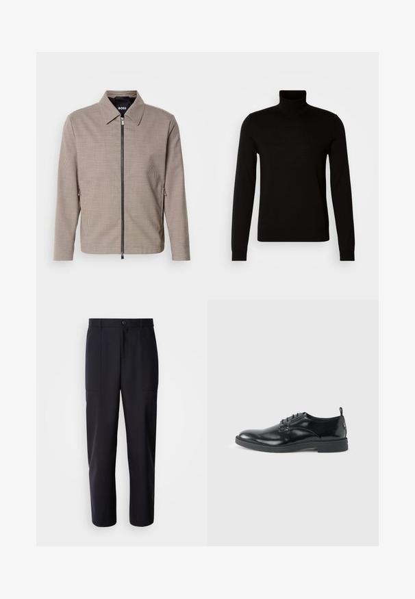 Brunternede tæppet zip-jakke med spids krave, sidelommer og en glat tekstur. Har en metal lynlås og subtile design detaljer.; Sort turtleneck sweater lavet af et fint strikket stof, der har lange ærmer og en tætsiddende silhuet. Glat tekstur med ribbede manchetter.; Mørk navy bukser lavet af glat stof, med en lige ben design, to sidelommer og en knaplukning i taljen.; Blank sort læder dresssko med lav hæl, snørelukning og rund tå, vist fra siden på ensfarvet lys baggrund.