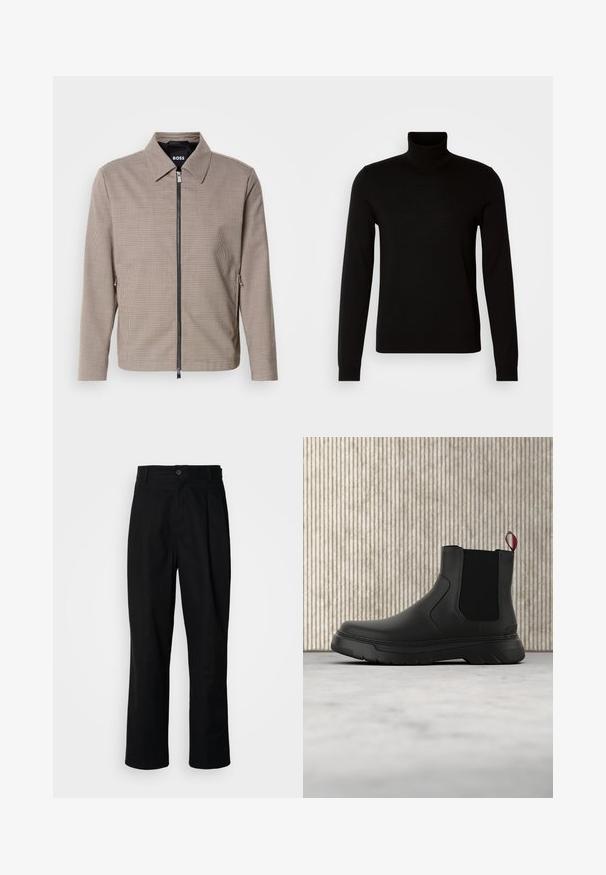 Brunternede tæppet zip-jakke med spids krave, sidelommer og en glat tekstur. Har en metal lynlås og subtile design detaljer.; Sort turtleneck sweater lavet af et fint strikket stof, der har lange ærmer og en tætsiddende silhuet. Glat tekstur med ribbede manchetter.; Sorte lige ben bukser med en knaplukket talje, bæltestropper og en frontfold, præsenteret mod en ensfarvet hvid baggrund.; Sort ankelstøvle med en glat overflade, elastiske sidepaneler og en kontrasterende rød træksløjfe, der har en tyk gummisål og rund tå.