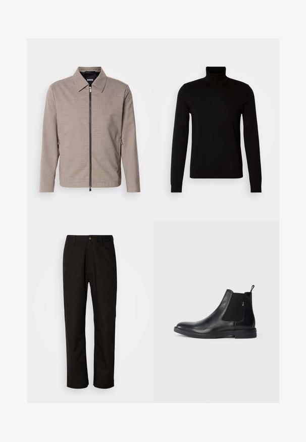 Brunternede tæppet zip-jakke med spids krave, sidelommer og en glat tekstur. Har en metal lynlås og subtile design detaljer.; Sort turtleneck sweater lavet af et fint strikket stof, der har lange ærmer og en tætsiddende silhuet. Glat tekstur med ribbede manchetter.; Sorte bomuldsbukser med lige pasform, bæltestropper, lynlås foran og en enkelt knappelukning. Glat tekstur uden synlige mønstre.; Sorte læder Chelsea støvler med elastiske sidepaneler, en pull-tab og en flad gummisål. Glat tekstur med minimal detaljer.