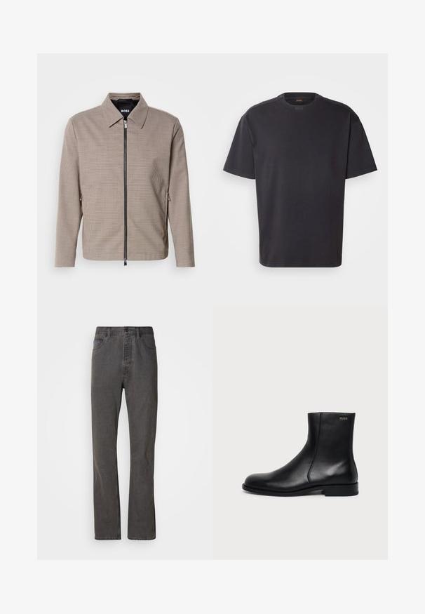 Brunternede tæppet zip-jakke med spids krave, sidelommer og en glat tekstur. Har en metal lynlås og subtile design detaljer.; Sort kortærmet T-shirt lavet af bomuld, med rund halsudskæring og subtil branding ved kraven. Glat tekstur med en afslappet pasform.; Grå denim jeans med lige ben-design, der har forlommer, knaplukning og subtil tekstur.; Sort læderankelstøvle med lav hæl, sidesyning og lille "HUGO" logo på den øverste manchet mod en ensfarvet baggrund.