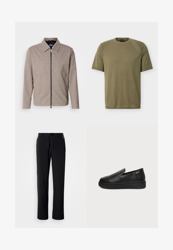 Veste zippée à carreaux marron avec un col pointu, des poches latérales et une texture lisse. Comprend une fermeture éclair métallique et des détails de design subtils.; Chemise en tricot vert olive à manches courtes avec col et poignets côtelés, arborant le logo "Porsche BOSS" brodé sur la poitrine.; Pantalon noir et léger avec une coupe droite. Doté d'une taille à cordon de serrage et d'une texture lisse. Convient pour une tenue décontractée.; Chaussure noire en cuir à enfiler avec semelle épaisse et petits trous de ventilation latéraux, avec un logo doré "HUGO" près du talon.
