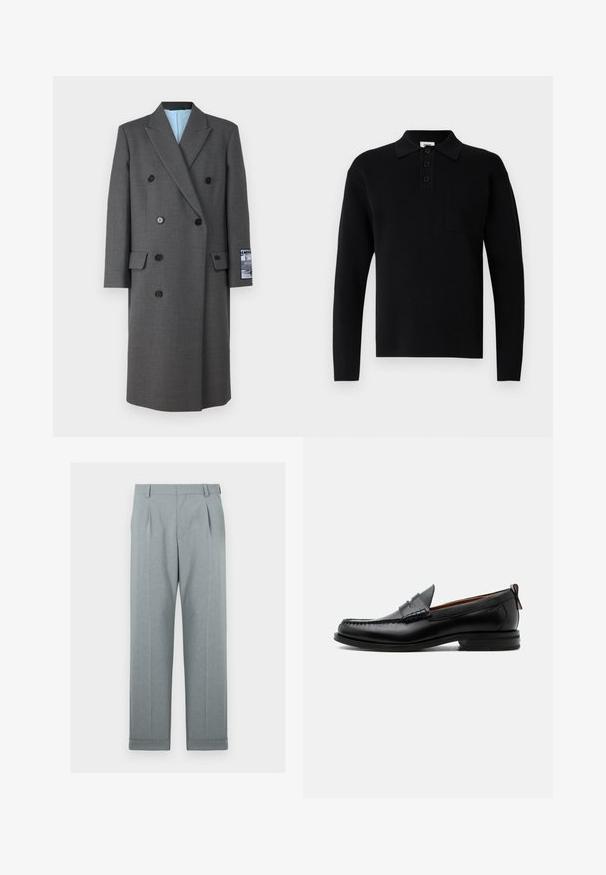 Manteau gris à double boutonnage en tissu texturé, avec des boutons noirs, des revers crantés et une doublure intérieure bleue avec une poche sur la manche.; Polo noir à manches longues en matière douce, avec col, patte à trois boutons et petite poche poitrine.; Pantalons gris clair en tissu texturé avec un design à jambes droites, plis simples et ourlets retroussés. Apparence minimaliste et sur mesure.; Mocassin homme en cuir noir avec couture moc toe, bride penny, col texturé et petit talon empilé sur fond blanc.