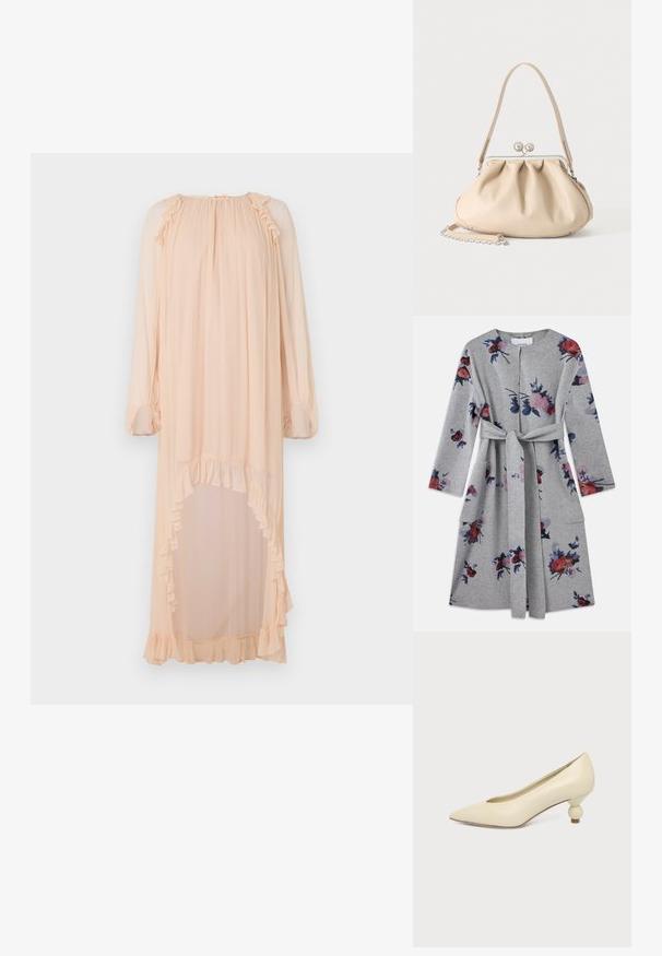 Manteau long à manches longues gris ceinturé avec des motifs floraux roses, rouges et bleus et des poches à rabat de chaque côté.; Robe longue en pêche pâle en tissu léger, avec des accents volants au niveau du col et de l'ourlet, et une fente haute sur un côté.; Chaussure femme couleur crème à bout pointu avec un petit talon rond en forme de boule, sur fond uni.; Sac à main en cuir souple beige avec un fermoir en métal argenté, une bandoulière simple et une bandoulière chaîne optionnelle sur fond blanc.