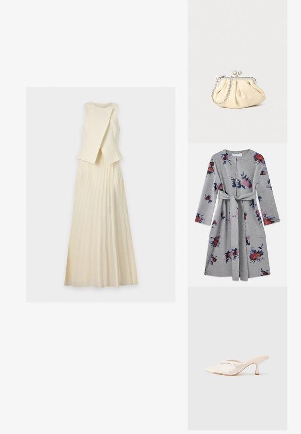 Manteau long à manches longues gris ceinturé avec des motifs floraux roses, rouges et bleus et des poches à rabat de chaque côté.; Robe crème sans manches avec un corsage superposé asymétrique et une longue jupe plissée.; Chaussure mule en tissu beige clair avec un design noué à l'avant, bout pointu et talon fin et effilé. Texture lisse dans l'ensemble.; Pochette en cuir beige plissé avec un cadre en métal argenté, dotée de deux fermoirs ronds décoratifs et d'une chaîne en argent.