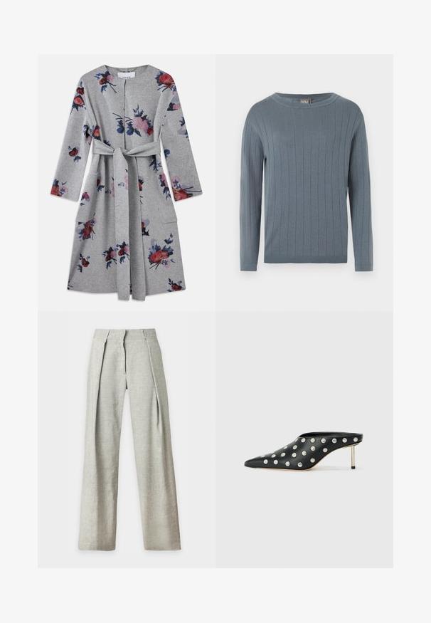 Manteau long à manches longues gris ceinturé avec des motifs floraux roses, rouges et bleus et des poches à rabat de chaque côté.; Pull à manches longues et col rond en bleu doux avec motif en côtes verticales, poignets ajustés et ourlet droit.; Pantalon large taille haute en lin gris clair avec plis devant et fermeture éclair dissimulée, présenté sur fond blanc.; STAND STUDIO KELSEY - Mules à talons - black