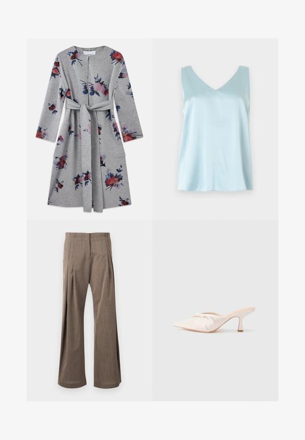 Grijze lange mouwen, een riem met rok, met roze, rode en blauwe bloemmotieven en opgestikte zakken aan elke kant.; Lichtblauwe satijnen mouwloze top met een V-hals, losse pasvorm en een gladde, glanzende textuur op een effen achtergrond.; Bruine, hooggetailleerde, wijde broek met plooien aan de voorkant en een verborgen vooraan sluiting, getoond tegen een lichte achtergrond.; Muil in lichtbeige stof met een geknoopt ontwerp aan de voorkant, een puntige neus en een slanke, taps toelopende hak. Over het geheel genomen een gladde textuur.