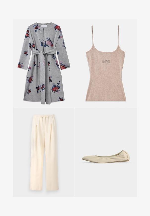 Grå langærmet bæltekåbe med pink, rød og blå blomsterprint samt påsatte lommer på hver side.; Ribbet, beige top med tynde justerbare stropper. Har en firkantet udskæring og en lille trykt detalje nær midten.; Beige plisserede bukser med elastisk talje og justerbar snor. Letvægtsstof og bred, lige ben design.; Beige blødt læder balletsko med rundet tå, lavt snit i siden og tynd gummisål på en ensartet hvid baggrund.