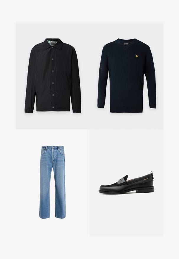 Schwarze leichte Jacke mit Kragen, vorderen Druckknöpfen, elastischen Bündchen und gemustertem Innenfutter. Verfügt über ein geprägtes Logo auf der Vorderseite.; Navy V-Ausschnitt-Pullover aus weichem Material, mit langen Ärmeln und einem kleinen gelben gestickten Logo auf der linken Brustseite.; Helle blaue Jeans im Geradeschnitt-Design, mit fünf Taschen, Knopfverschluss, minimaler Ausbleichung und kontrastierenden Nähdetails.; Schwarzer Lederloafer mit grauem Riemendetail, niedrigem Absatz und strukturierter Sohle, seitlich mit „HUGO“ in Gold gebrandmarkt.
