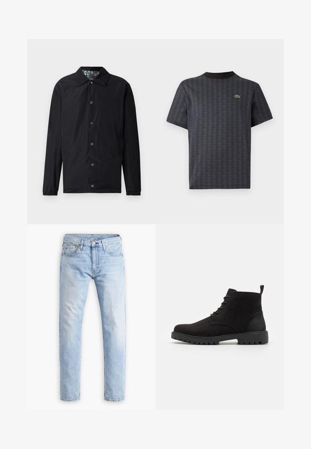 Chaqueta ligera negra con cuello, botones a presión en la parte delantera, puños elásticos y forro interior estampado. Presenta un logo en relieve en la parte delantera.; Camiseta negra de manga corta con un patrón geométrico y un logo de cocodrilo verde, con un cuello redondo negro sólido.; Vaqueros de mezclilla azul claro con corte recto, cinco bolsillos y costuras naranjas, con cierre de botón y cremallera.; Botines de ante negros con puntera redondeada, diseño con cordones, suela de goma con dibujo y tirador en el talón para facilitar su puesta.