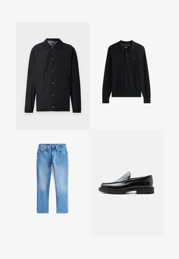 Zwarte lichtgewicht jas met kraag, voorzijde met drukknopen, elastische manchetten en een patroon aan de binnenkant. Voorzijde met reliëflogo.; Zwarte lange mouwen polo shirt van zachte stof, met een klassieke kraag, een knoopsluiting met drie knopen en een klein logo op de borst.; Lichtblauwe slim fit jeans met voorzakken, riemlussen, knoopsluiting en subtiele vervaging op dijen en knieën.; Zwarte leren loafer met dikke rubberen zool, gestikte bovenkant en gegraveerde merknaam op de hiel, zijaanzicht op witte achtergrond.