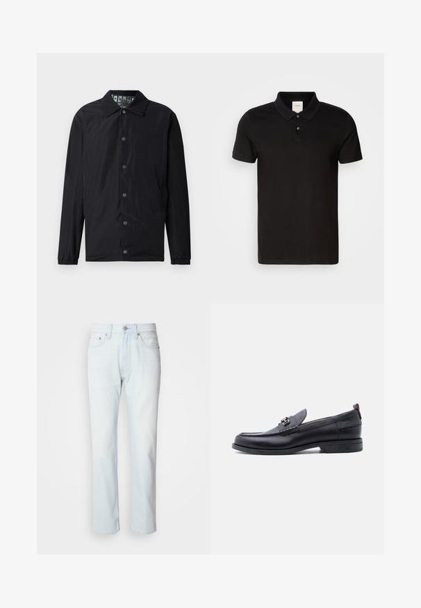Schwarze leichte Jacke mit Kragen, vorderen Druckknöpfen, elastischen Bündchen und gemustertem Innenfutter. Verfügt über ein geprägtes Logo auf der Vorderseite.; Schwarzes Poloshirt aus glattem Stoff mit klassischem Kragen. Verfügt über zwei Knöpfe am Hals, kurze Ärmel und ein dezentes Logo auf der Brust.; Hellblaue Jeans mit geradem Bein. Verfügt über einen Knopfverschluss und Gürtelschlaufen, präsentiert eine ausgebleichte Textur und minimale Nähte.; Schwarzer Lederloafer mit grauem, strukturiertem Vorderblatt, silberner Metallschnalle, niedrigem Absatz und Zuglasche hinten.