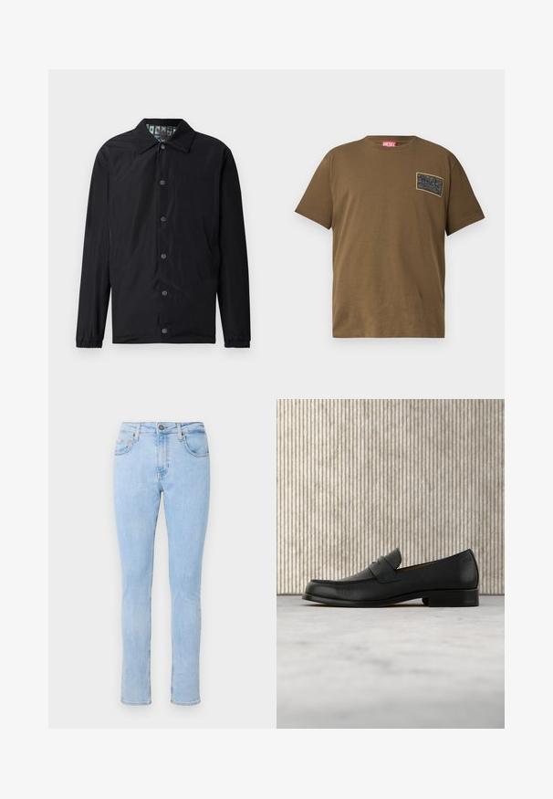 Schwarze leichte Jacke mit Kragen, vorderen Druckknöpfen, elastischen Bündchen und gemustertem Innenfutter. Verfügt über ein geprägtes Logo auf der Vorderseite.; Braunes Baumwoll-T-Shirt mit Rundhalsausschnitt, das einen schwarzen Grafik-Patch auf der linken Brust hat. Kurze Ärmel und ein gerader Saum.; Helle blaue Jeans aus Denim mit einem taillierten Design, fünf Taschenstil, Frontknopfverschluss und subtiler Ausbleichung. Schlanker Schnitt mit geraden Beinen.; Schwarzer Leder-Slipper schwebt über einem beigen Teppich, im Hintergrund ein glänzender, runder brauner Tisch.