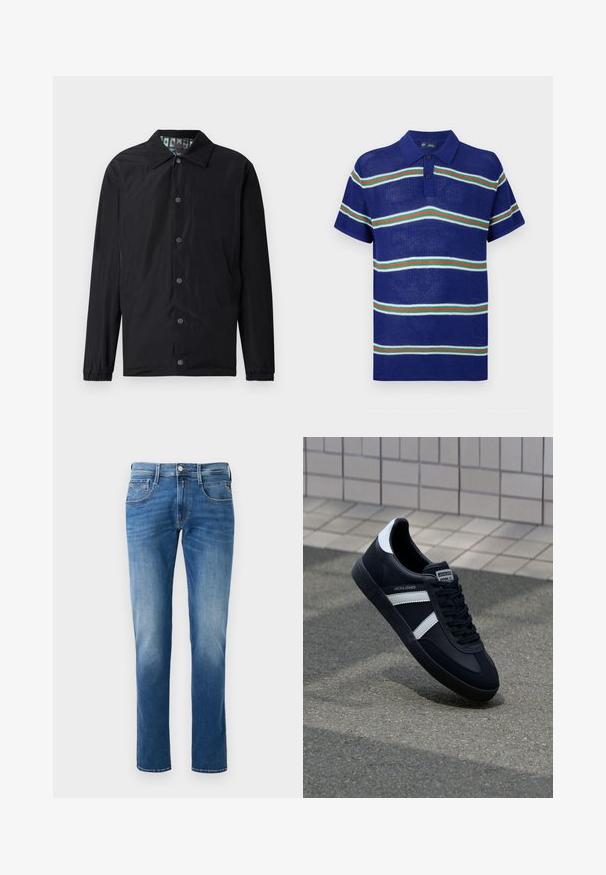 Zwarte lichtgewicht jas met kraag, voorzijde met drukknopen, elastische manchetten en een patroon aan de binnenkant. Voorzijde met reliëflogo.; Blauw gebreid polo shirt met korte mouwen, voorzien van horizontale strepen in het wit, groen en rood met een drieknoopsluiting.; Heren blauwe denim jeans met een vervaagde was, straight leg ontwerp, vijf zakken en een sluiting met een knoop aan de voorkant. Gestikte accenten op de zakken.; Zwarte leren sneaker met witte strepen, een gestructureerde rubberen zool en vetersluiting aan de voorkant. Voorzien van een merklabel op de tong.