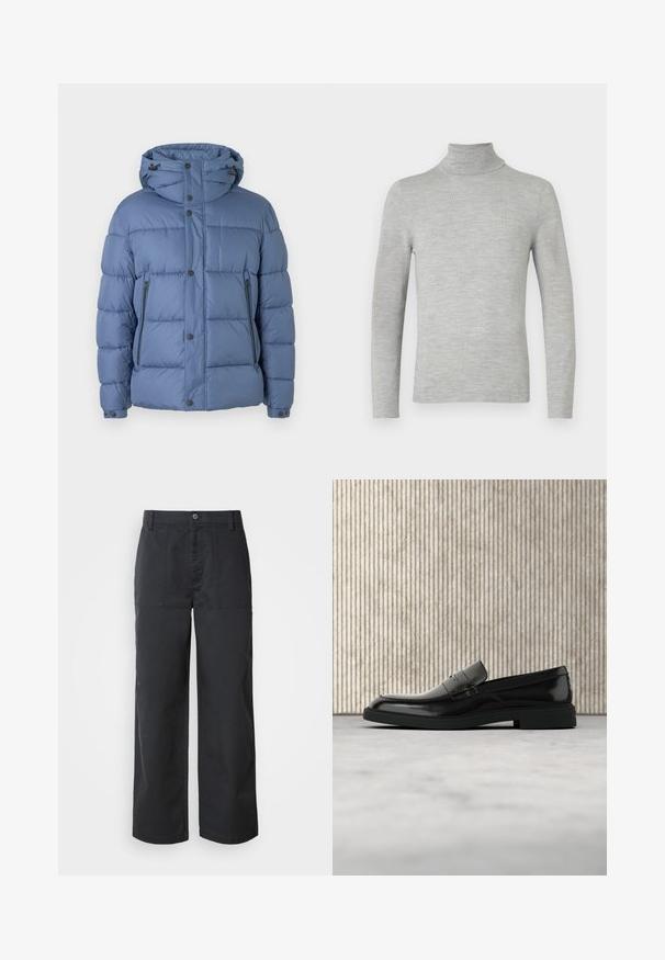 Doudoune bleue avec capuche, dotée d'un design matelassé, de fermetures à pression et à glissière, et de deux poches latérales. Texture lisse et rembourrage.; Pull col roulé long à manches longues en gris clair avec une texture tricotée fine, présenté sur un fond blanc uni.; Pantalon à jambes larges en tissu de coton bleu marine foncé, avec poches plaquées à l'avant et fermeture par bouton. Texture lisse avec un design minimaliste.; Mocassin en cuir noir poli flottant au-dessus d'un tapis beige avec un mobilier translucide orange en arrière-plan.