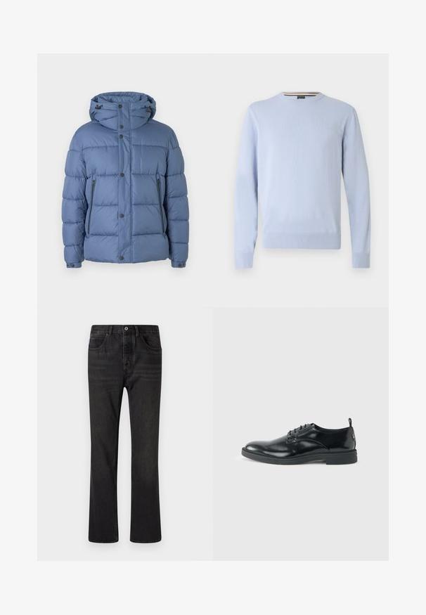 Doudoune bleue avec capuche, dotée d'un design matelassé, de fermetures à pression et à glissière, et de deux poches latérales. Texture lisse et rembourrage.; Pull bleu clair, col rond, manches longues, poignets et ourlet côtelés, avec un petit logo sur la poitrine, en tissu tricoté doux.; Jeans en denim noir avec une coupe droite, cinq poches et une fermeture à bouton à l'avant. Surface texturée avec des détails de décoloration subtils.; Chaussure habillée en cuir noir brillant avec un petit talon, fermeture à lacets et bout rond, vue de côté sur un fond uni et clair.