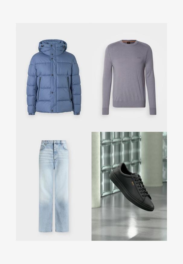 Doudoune bleue avec capuche, dotée d'un design matelassé, de fermetures à pression et à glissière, et de deux poches latérales. Texture lisse et rembourrage.; Pull en tricot violet clair avec un col rond, des poignets et un ourlet côtelés. Présente un petit logo brodé sur la poitrine. Texture lisse.; Jeans bleu clair taille haute à jambes droites, avec poches avant, passants de ceinture et fermeture par bouton.; Baskets basses en cuir noir avec lacets noirs et logo BOSS doré sur le côté, flottant au-dessus d’un sol gris brillant dans un espace intérieur moderne.