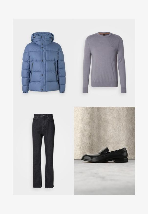 Doudoune bleue avec capuche, dotée d'un design matelassé, de fermetures à pression et à glissière, et de deux poches latérales. Texture lisse et rembourrage.; Pull en tricot violet clair avec un col rond, des poignets et un ourlet côtelés. Présente un petit logo brodé sur la poitrine. Texture lisse.; Jean en denim noir taille haute avec fermeture à bouton et à glissière, poches avant et arrière, et coupe droite.; Mocassin en cuir noir avec un accent métallique, présenté en lévitation au-dessus d'un tapis beige, avec une table ronde de couleur ambre en arrière-plan.