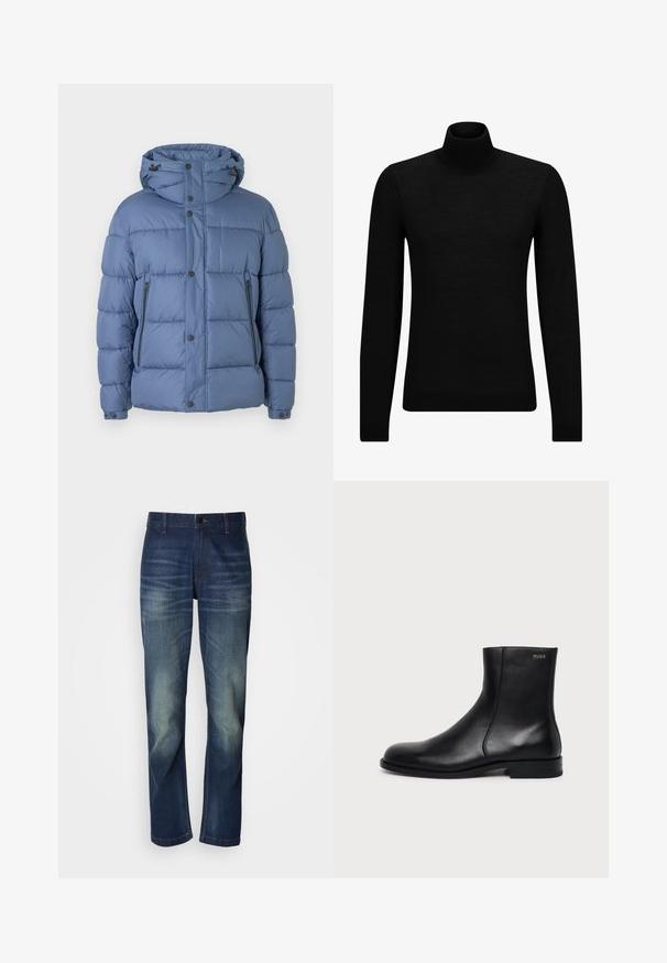Doudoune bleue avec capuche, dotée d'un design matelassé, de fermetures à pression et à glissière, et de deux poches latérales. Texture lisse et rembourrage.; Pull à col roulé noir en matériau doux, avec des manches longues et une coupe ajustée. Finition côtelée au bas et aux poignets. Design simple.; Jean en denim bleu foncé avec une coupe droite, présentant un délavage à l'avant, une braguette à boutons et un design classique à cinq poches.; Bottine en cuir noir à talon bas, couture latérale et petit logo "HUGO" sur le revers supérieur sur un fond uni.