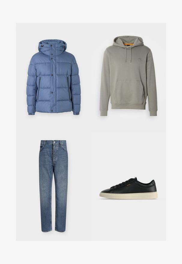 Doudoune bleue avec capuche, dotée d'un design matelassé, de fermetures à pression et à glissière, et de deux poches latérales. Texture lisse et rembourrage.; BOSS WETALK - Sweat à capuche - open grey; Jean droit en denim bleu avec taille haute, fermeture à boutons sur le devant et design à cinq poches sur un fond clair uni.; Baskets basses en cuir noir avec semelle blanche, lacets noirs et petit logo BOSS doré sur le côté.