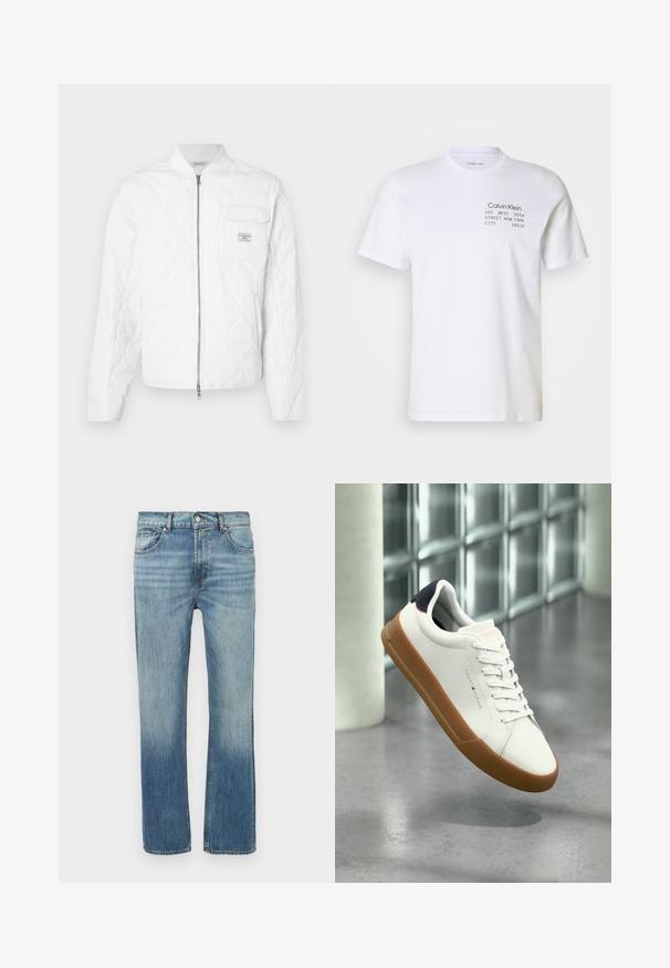 Veste matelassée blanche avec fermeture éclair à l'avant, col côtelé et une poche poitrine unique avec un patch logo. Texture lisse et design minimaliste.; T-shirt en coton blanc avec des manches courtes, un col rond et un texte imprimé : "Calvin Klein 205 WEST 39TH STREET NEW YORK CITY 10018."; Jean en denim bleu clair avec une coupe droite, des détails délavés, cinq poches et une fermeture avant par bouton. Coutures visibles le long des coutures.; Baskets blanches basses avec semelle marron et languette de talon noire, flottant au-dessus d'un sol gris dans un environnement intérieur moderne.