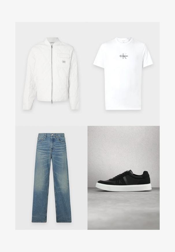 Veste matelassée blanche avec fermeture éclair à l'avant, col côtelé et une poche poitrine unique avec un patch logo. Texture lisse et design minimaliste.; T-shirt blanc à manches courtes avec col rond portant le logo "cK Calvin Klein" imprimé en noir et gris, centré sur la poitrine.; Jeans droits bleus avec une décoloration légère, quelques éclaboussures de peinture, bouton frontal et design à cinq poches sur un fond blanc.; Baskets en cuir noir avec semelle blanche et lacets noirs, arborant le logo « ck » sur le côté, flottant au-dessus d'un sol en béton poli.
