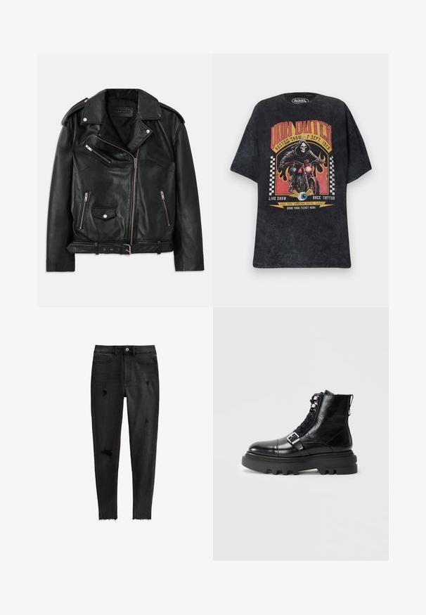 Sort læder bikerjakke med asymmetrisk frontlynlås, lynlås- og trykknaplommer, skulderepauletter og justerbart spænde i taljen.; Sort Von Dutch T-shirt med grafik af et skelet, der kører på en motorcykel, flammer, ternede flag og arrangementsdetaljer i rød og gul.; Sorte skinny jeans lavet af denim, med hullet accent, høj talje, fem lommer og rå kant ved anklerne.; Sort læder ankelstøvle med struktureret finish, der har snøredesign, metalhardware-detaljer og tyk gummisål med udtalt slidbane.