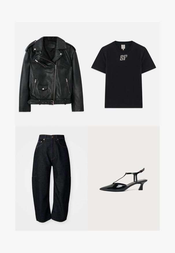 Zwarte leren motorjack met asymmetrische voorkant met rits, rits- en drukknoopzakken, schouderepauletten en een verstelbare riem met gespsluiting in de taille.; Zwarte katoenen T-shirt met korte mouwen, met een strass-ornament "BF" ontwerp op de voorkant. Ronde hals, casual pasvorm.; Donkerdenim jeans met een relaxte pasvorm, voorzien van subtiele oranje stiksels, voorzakken en een platte tailleband met een knoopsluiting.; Zwarte pumps van lakleer met spits toelopende neus, T-strap en lage schuine blokhak op witte achtergrond.