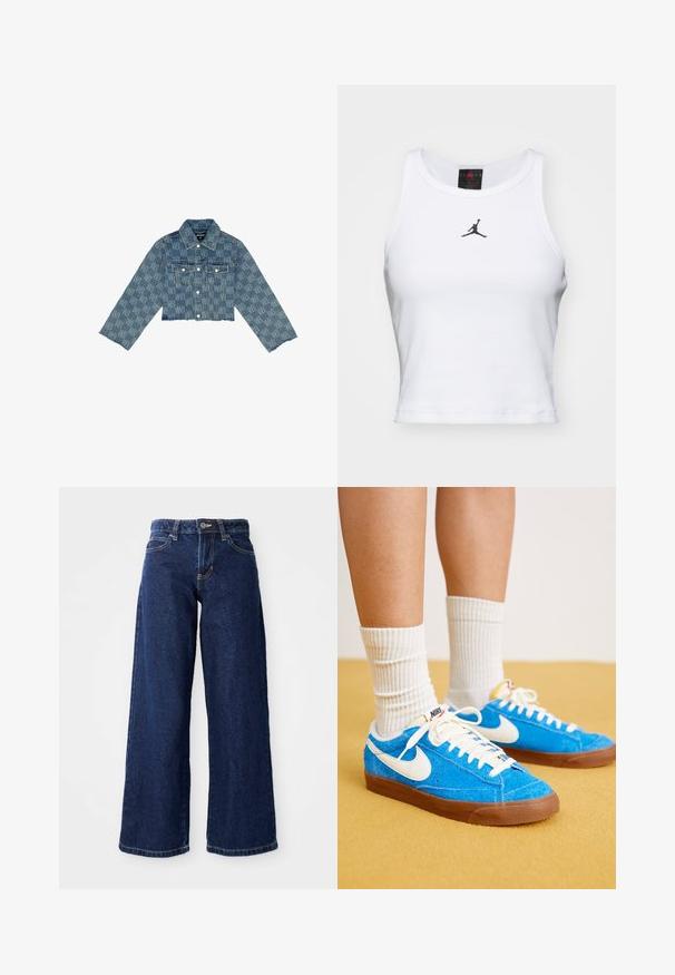 Beskåret denimjakke i lyseblå med et ensartet logo-mønster, knaplukning foran, to brystlommer og flagrende kant.; Hvid cropped tanktop lavet af bomuld med ribbet tekstur. Har et sort Jordan-logo i midten og en klassisk rund halsudskæring.; Mørkeblå vide jeans lavet af denim, med knap- og lynlåslukning, bæltesløjfer og klassisk fem-lomme design.; Blå ruskind Nike sneakers med hvide detaljer, flade snørebånd og brune gummisåler, parret med ribbede hvide sokker.