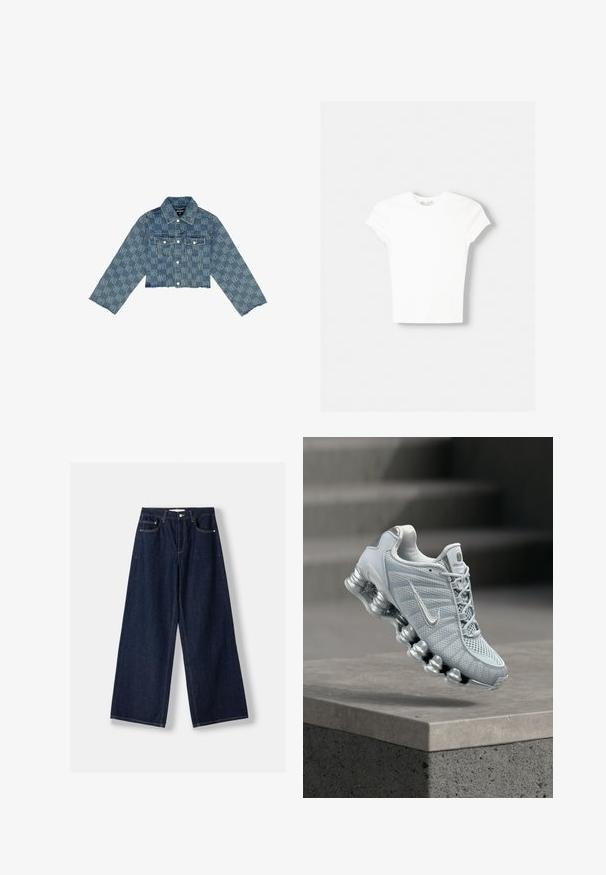 Beskåret denimjakke i lyseblå med et ensartet logo-mønster, knaplukning foran, to brystlommer og flagrende kant.; Hvid kortærmet t-shirt lavet af blød bomuld, med rund halsudskæring og en tætsiddende form. Ingen synlige mønstre eller udsmykninger.; Mørkeblå vidde denimjeans med knap- og lynlås foran, forlommer og bæltestropper, lagt fladt på en hvid baggrund.; Lysegrå Nike løbesko med polstret, fjedrelignende sål svævende over en betonliste, sløret trappebaggrund.