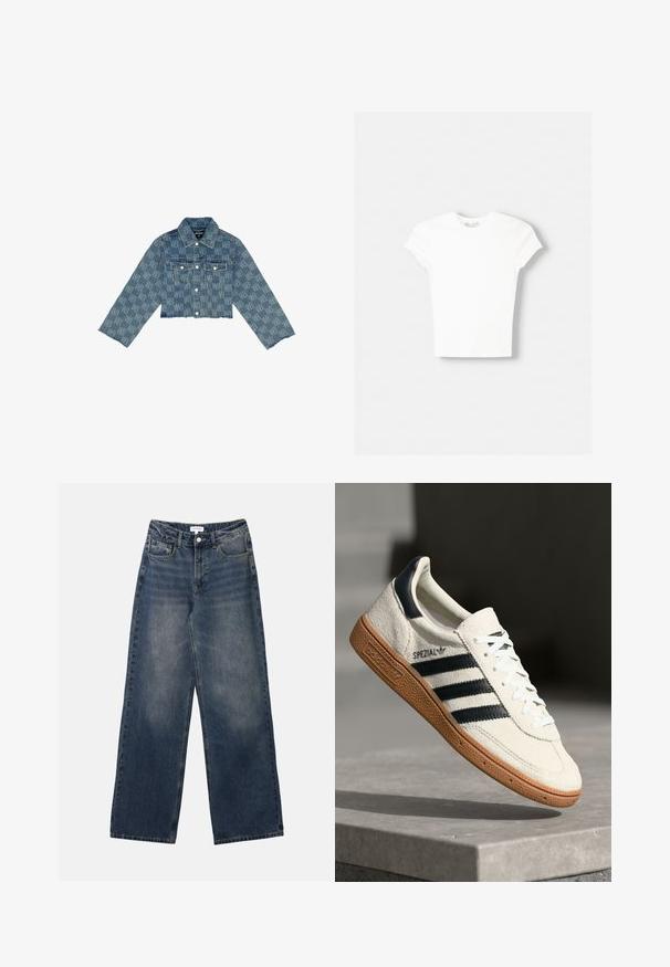 Beskåret denimjakke i lyseblå med et ensartet logo-mønster, knaplukning foran, to brystlommer og flagrende kant.; Hvid kortærmet t-shirt lavet af blød bomuld, med rund halsudskæring og en tætsiddende form. Ingen synlige mønstre eller udsmykninger.; Mænds højtaljede blå denim jeans med brede ben, frontknap og lynlås samt for- og baglommer.; Hvide ruskinds sneakers med marineblå striber, gummisål, struktureret overdel, rund tå og snøring; har branding på siden og tungen.