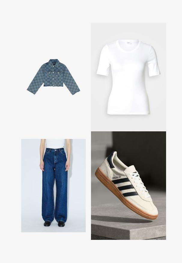 Beskåret denimjakke i lyseblå med et ensartet logo-mønster, knaplukning foran, to brystlommer og flagrende kant.; Hvid T-shirt med korte ærmer lavet af glat bomuld, med rund halsudskæring og en tætsiddende pasform. Klassisk design uden mønstre eller detaljer.; Person iført blå jeans med højtaljede vide ben, hvid ærmeløs top og sorte sko, der står mod en ensfarvet hvid baggrund.; Hvide ruskinds sneakers med marineblå striber, gummisål, struktureret overdel, rund tå og snøring; har branding på siden og tungen.