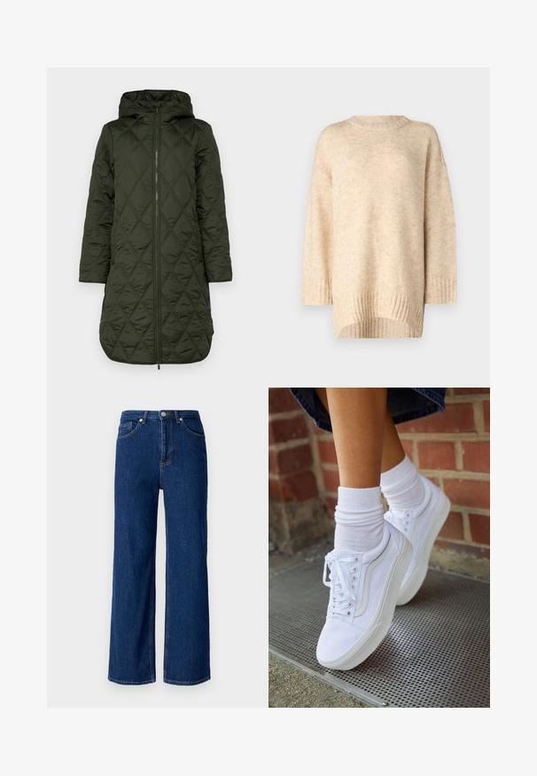 Polstret hættejakke i mørkegrøn med en diamant-quiltet mønster, lange ærmer og en frontlynlås.; Beige strik sweater med ribbet rund hals, faldne skuldre og en længere rygkant. Blød tekstur med et subtilt mønster.; Bredde ben denimjeans i mørkeblå, med et klassisk fem-lomme design, diskret syninger og en metalknaplukning ved taljen.; Hvide lærreds sneakers med gummisåler, der har seks snørehuller, rund tå og let sømdetaljer, krydret med hvide ankelstrømper.