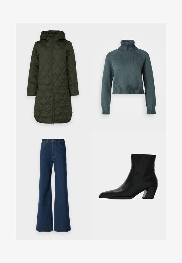 Polstret hættejakke i mørkegrøn med en diamant-quiltet mønster, lange ærmer og en frontlynlås.; Vero Moda Petite VMMIRANDA - Striktrøje - balsam green; Abercrombie & Fitch Jeans Relaxed Fit - rinse; Sortlæder ankelstøvle med spids tå, en slank silhuet og en kraftig firkantet hæl. Glat tekstur med minimale stikninger.