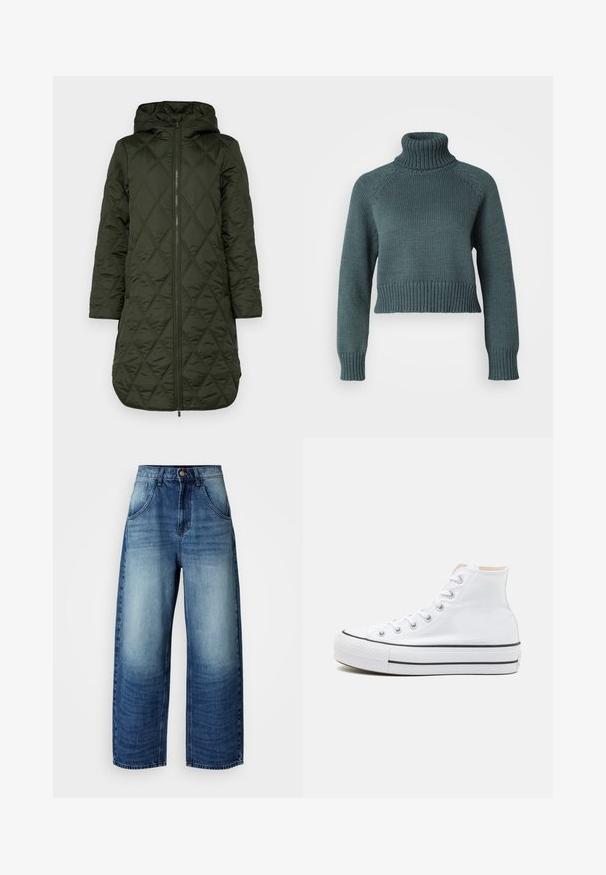Padded hooded coat in dark green, featuring a diamond quilted pattern, long sleeves, and a front zipper closure. полноформатné obrázok.; Vero Moda Petite VMMIRANDA - Svetrík - balsam green; Džínsy so širokými nohavicami v modrej farbe s prechodom z svetlej na tmavú. Majú predné vrecká a klasické zapínanie na gombík. Hladká textúra, uvoľnený strih.; Biele vysoké tenisky z plátnovej látky, čierna gumová podrážka a kontrastný čierny pruh na strednej podrážke. Okrúhla špička a zaväzovací dizajn.