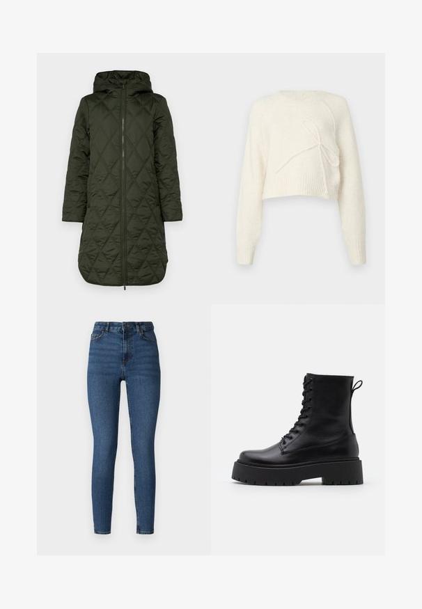 Gevoerde gewatteerde jas met capuchon in donkergroen, met een diamantquiltpatroon, lange mouwen en een rits aan de voorkant.; American Eagle CROPPED CREW BOW NOVELTY - Trui - cream; Donkerblauwe skinny jeans van denim met een hoge taille, voorzien van een frontale knoopsluiting, riemlussen en een standaard vijf-zakken ontwerp.; Zwarte leren enkelboots met een ronde neus, vetersluiting aan de voorkant en een dikke rubberen zool met een gestructureerd profiel. Trekbandje aan de achterkant.