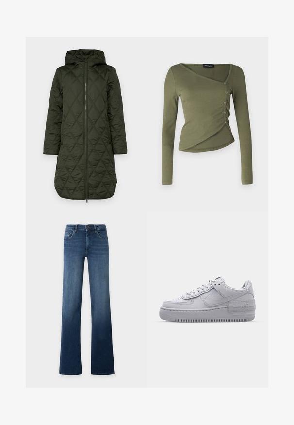 Padded hooded coat in dark green, featuring a diamond quilted pattern, long sleeves, and a front zipper closure. полноформатné obrázok.; Dlhý rukáv, olivovo zelený top z rebrovanej látky. Obsahuje zavinutý dizajn s výstrihom do V a bočnými gombíkmi pozdĺž prekrytej spodnej časti.; Modré džínsy s vysokým pásom a rovným strihom nohavíc, zapínanie na gombík a zips, predné a zadné vrecká, zobrazené na jednoduchom svetlom pozadí.; Šedé tenisky Nike Air Force 1 s perforovanou špičkou, hladkým koženým zvrškom, hrubou podrážkou a embosovaným detailom 'AIR' na päte.