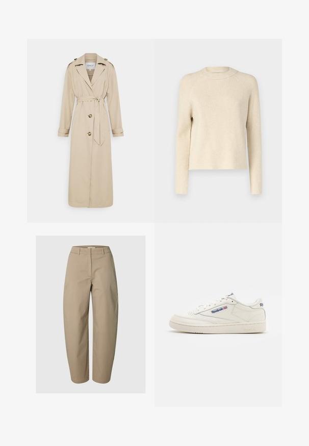 Beige trench coat with a belted waist, long sleeves, and epaulets. Features two front buttons and a tailored fit. Smooth fabric texture.; Ribbed knit sweater in cream with a crew neck, long sleeves, and a straight fit. Soft texture with subtle tonal variations throughout.; Beige high-waist straight-leg pants with belt loops, front zipper, and no visible pockets, displayed against a plain background.; White leather sneakers featuring a textured rubber sole, round toe, and Reebok branding in blue. Minimalist design with stitched accents.