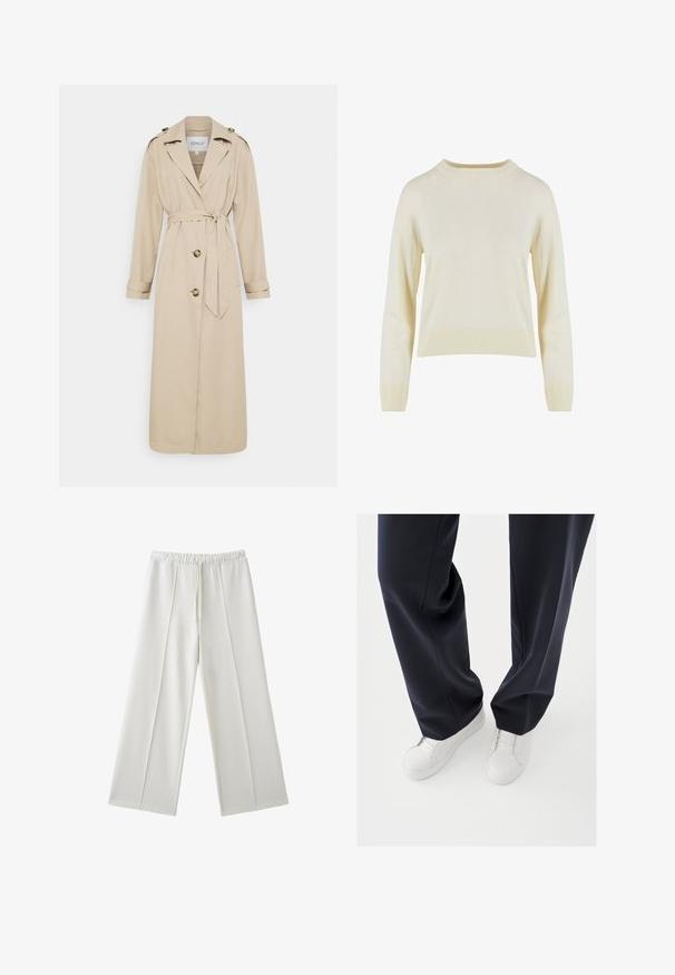 Trench-coat beige avec une ceinture à la taille, manches longues et épaulettes. Dispose de deux boutons à l'avant et d'une coupe ajustée. Texture du tissu lisse.; Pull à manches longues de couleur crème avec poignets et ourlet côtelés et un simple col rond, présenté sur fond blanc.; Pantalon blanc à jambes larges avec taille élastique et cordon, avec des détails de couture sur le devant de chaque jambe.; Baskets blanches avec semelles en caoutchouc texturées et lacets plats, associées à un pantalon bleu marine foncé affichant un tissu fluide et ample et une coupe ajustée.