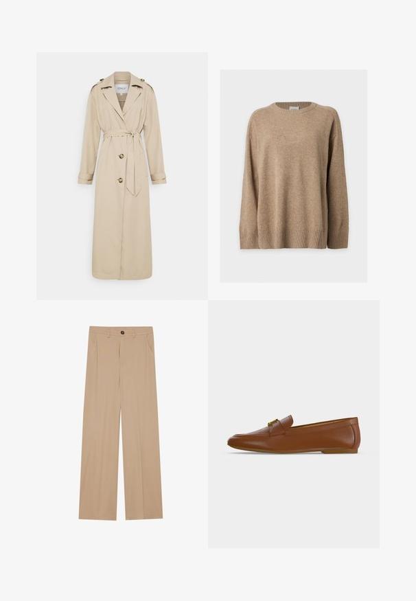 Trench-coat beige avec une ceinture à la taille, manches longues et épaulettes. Dispose de deux boutons à l'avant et d'une coupe ajustée. Texture du tissu lisse.; Pull en maille beige à manches longues avec poignets, bas et col rond côtelés, présenté à plat sur fond blanc.; Pantalons larges beiges avec une texture lisse, dotés de deux poches latérales, d'une fermeture à bouton à l'avant et de plis subtils pour plus de détails.; Mocassin en cuir marron avec une boucle dorée et un petit talon plat, vu de profil sur un fond clair uni.