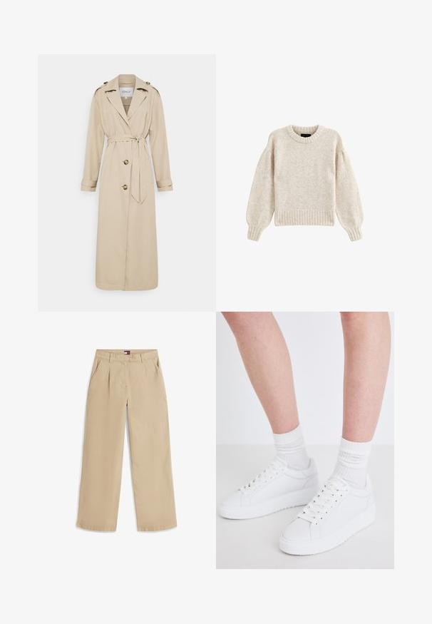 Beige trenchcoat med bælte i taljen, lange ærmer og skulderstropper. Har to knapper foran og en skræddersyet pasform. Glat stoftekstur.; Lys beige strikket sweater med rund halsudskæring, ribbet kant og voluminøse ærmer. Blød tekstur og afslappet pasform.; Beige bukser med lige ben, forreste læg, sidelommer, bæltestropper og en lille logoetiket på det indvendige linning.; Copenhagen Studios CPH72 - Sneakers - white
