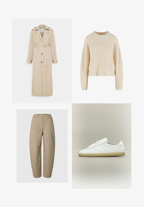 Trench-coat beige avec une ceinture à la taille, manches longues et épaulettes. Dispose de deux boutons à l'avant et d'une coupe ajustée. Texture du tissu lisse.; Pull en tricot crème avec un col haut en côtes, des manches larges et un motif texturé sur l'ensemble. Design court avec un ourlet en côtes.; Pantalon beige taille haute à jambes droites avec passants de ceinture, fermeture éclair frontale et absence de poches visibles, présenté sur un fond uni.; Baskets basses en cuir blanc avec semelle beige, lacets et motifs cousus subtils sur fond neutre.