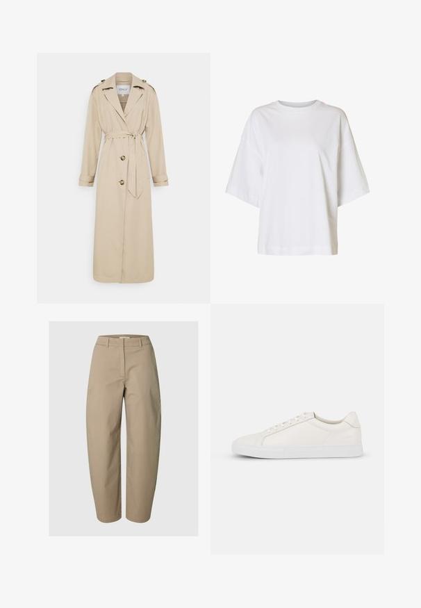 Trench-coat beige avec une ceinture à la taille, manches longues et épaulettes. Dispose de deux boutons à l'avant et d'une coupe ajustée. Texture du tissu lisse.; T-shirt blanc à manches courtes, coupe ample, épaules tombantes et col rond sur un fond uni.; Pantalon beige taille haute à jambes droites avec passants de ceinture, fermeture éclair frontale et absence de poches visibles, présenté sur un fond uni.; Baskets en cuir blanc avec une texture lisse, bout arrondi, devant à lacets et semelle plate en caoutchouc. Design simple sans motifs ni accents.