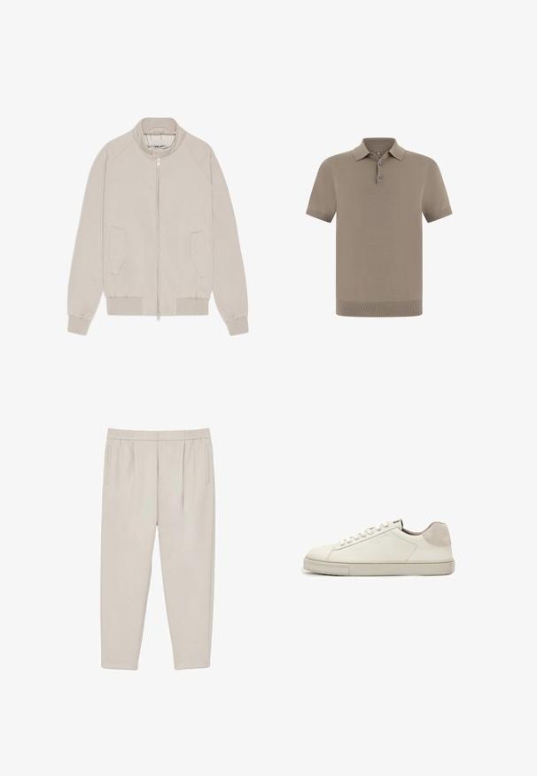 Veste bomber beige avec fermeture éclair, poignets et ourlet côtelés, et deux poches latérales. Tissu lisse avec un design minimaliste.; Polo couleur taupe avec une finition texturée, manches courtes et col. Comprend une patte de boutonnage à trois boutons et des poignets côtelés.; Pantalon beige clair légèrement cintré avec plis à la taille, poches latérales et ceinture élastique, présenté à plat sur fond blanc.; Baskets basses en cuir blanc avec lacets blancs, semelle légèrement texturée et patch en daim gris clair au talon, vue latérale.
