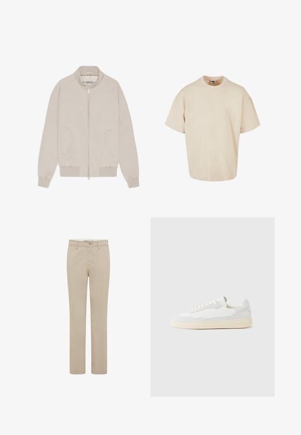 Beige bomber jacket with a zip closure, ribbed cuffs and hem, and two side pockets. Smooth fabric with a minimalist design.; Beige oversized T-paita, valmistettu pehmeästä puuvillakankaasta, pyöreällä kauluksella ja lyhyillä hihoilla, suoran helman kanssa. Yksinkertainen ja minimalistinen muotoilu.; Beige puuvillapöksyt, joissa on suora lahkeen muotoilu, etupainikekiinnitys, vyölenkit ja sivutaskut, sileä tekstuuri.; Valkoinen lenkkari, jossa on teksturoitu mokka- ja nahkapäällinen. Siinä on pyöreä kärki, nauhallinen suljenta ja vastavärinen beigen sävyinen kumipohja.