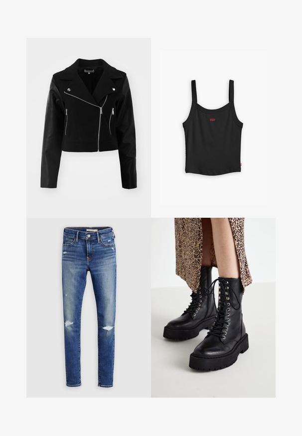 Zwarte cropped jas met een wollen lichaam en lederen mouwen. Kenmerkt zich door een notch-kraag, zilveren ritsen en twee voorste ritszakken.; Zwarte geribbelde tanktop met dunne bandjes, voorzien van een klein rood Levi's-logo aan de voorkant en een rechte zoom.; Blauwe skinny jeans met vervaagde en verweerde plekken, voorzien van voorkantenzakken, riemlussen en een knoopsluiting.; Zwarte leren gevechtslaarzen met dikke rubberen zolen, vetersluiting aan de voorkant en metalen oogjes. Getextureerd leer en contrasterend platformontwerp.