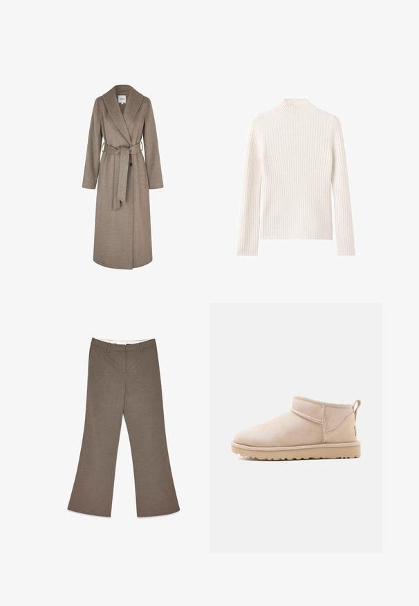 mbyM UMIA-M - Klassisk frakke - greige melange; Ribstrikket rullekravesweater i off-white, lavet af blødt strikstof. Har lange ærmer og en tætsiddende silhuet.; Brune flagrende bukser lavet af struktureret stof, med en flad front, bæltesløjfer og en klassisk skæring. Rent, skræddersyet design hele vejen igennem.; Beige ruskind ankelstøvle med flad sål, synlige sømme og en trækkehank bagpå mod en ensfarvet hvid baggrund.