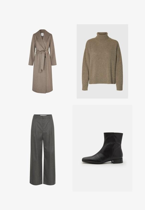 mbyM UMIA-M - Klassisk frakke - greige melange; Rullekrave sweater i blødt brunt strik. Har brede ribbede manchetter og kant, med en afslappet pasform og tekstureret overflade.; Grå brede bukser lavet af struktureret stof, med høj talje og frontfolder, uden synlige lommer eller hardware detaljer.; Sort læder ankelstøvle med spids tå, glat tekstur, minimalistisk design og en lav blokhæl. Sidelukning går op til anklen.