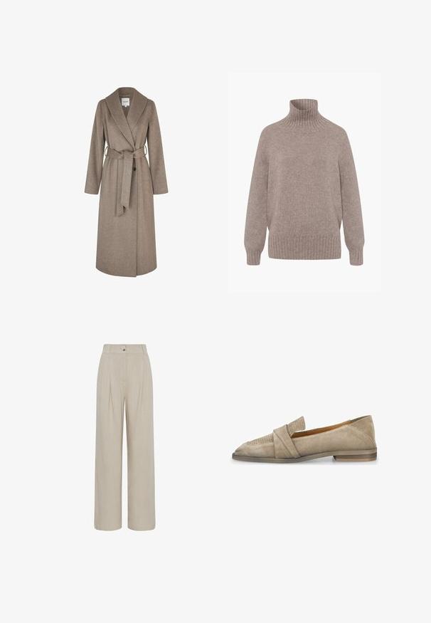 mbyM UMIA-M - Klassisk frakke - greige melange; Beige strik med høj hals og lange ærmer, ribstrikkede ærmegab, kant og krave, vist på hvid baggrund.; Beige bukser med høj talje og vide bukseben, med for- læg, bæltestropper og knaplukning i taljen.; Beige ruskindsloafer med trekantet tå, centralt foldet rem og perforerede detaljer, der har en lav brun hæl og en glat overflade.