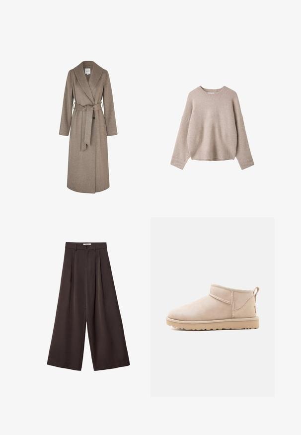 mbyM UMIA-M - Klassisk frakke - greige melange; Beige uld langærmet sweater med ribstrikket rund hals, manchetter og kant, vist på hvid baggrund.; Bukser med vidde i mørkebrun stof, med plisseringer, knaplukning og en glat tekstur; ankel-længde med et skræddersyet design.; Beige ruskind ankelstøvle med flad sål, synlige sømme og en trækkehank bagpå mod en ensfarvet hvid baggrund.