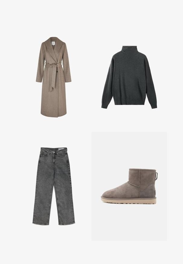 mbyM UMIA - Mantel - greige melange; Donkergrijze coltrui gemaakt van zachte stof, met een relaxte pasvorm, lange mouwen en geribbelde boorden en zoom. Gladde textuur.; Hoge taille zwarte gewassen rechte jeans met voorzakken, riemlussen, knoopsluiting en een merklabel aan de binnenkant van de tailleband.; Suède enkellaarsjes in grijs met een zachte textuur, ronde neus en stevige beige zool. Voorzien van versterkte hak en stikaccenten.